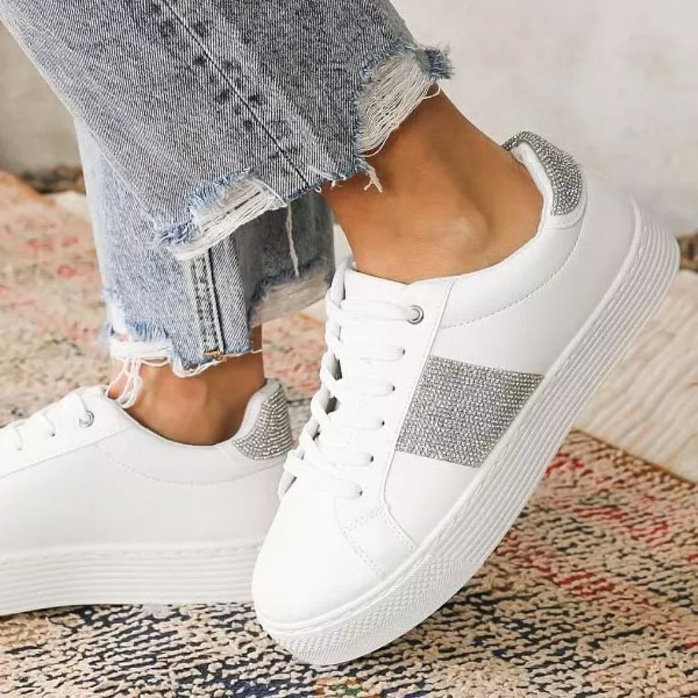 NEW White Sparkly Rhinestone Bling Bling Glam Glitz Platform Sneakers Shoes - Picture 3 of 10